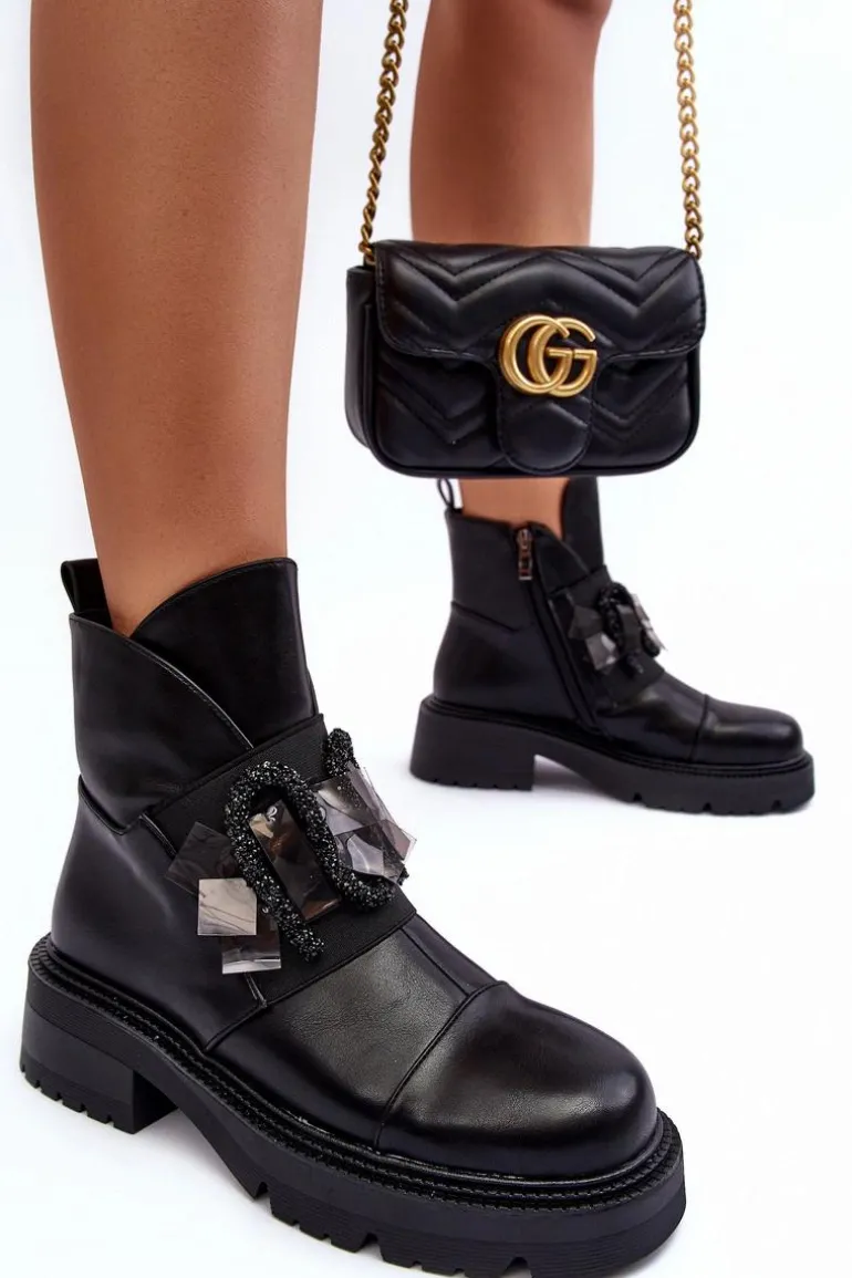 Skórzane Zdobione Botki Na Płaskim Obcasie I Platformie S.Barski MR870-46 Czarne