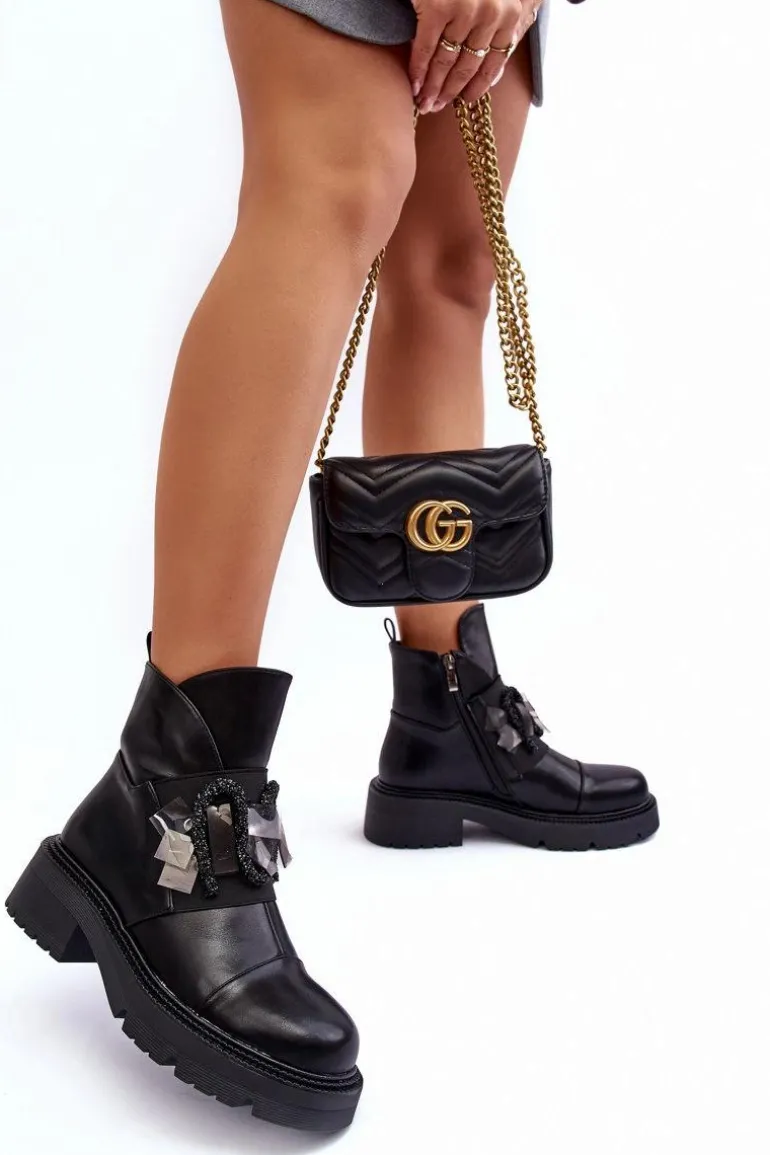 Skórzane Zdobione Botki Na Płaskim Obcasie I Platformie S.Barski MR870-46 Czarne