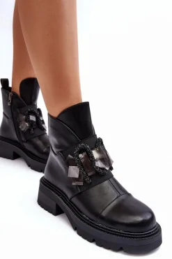 Skórzane Zdobione Botki Na Płaskim Obcasie I Platformie S.Barski MR870-46 Czarne