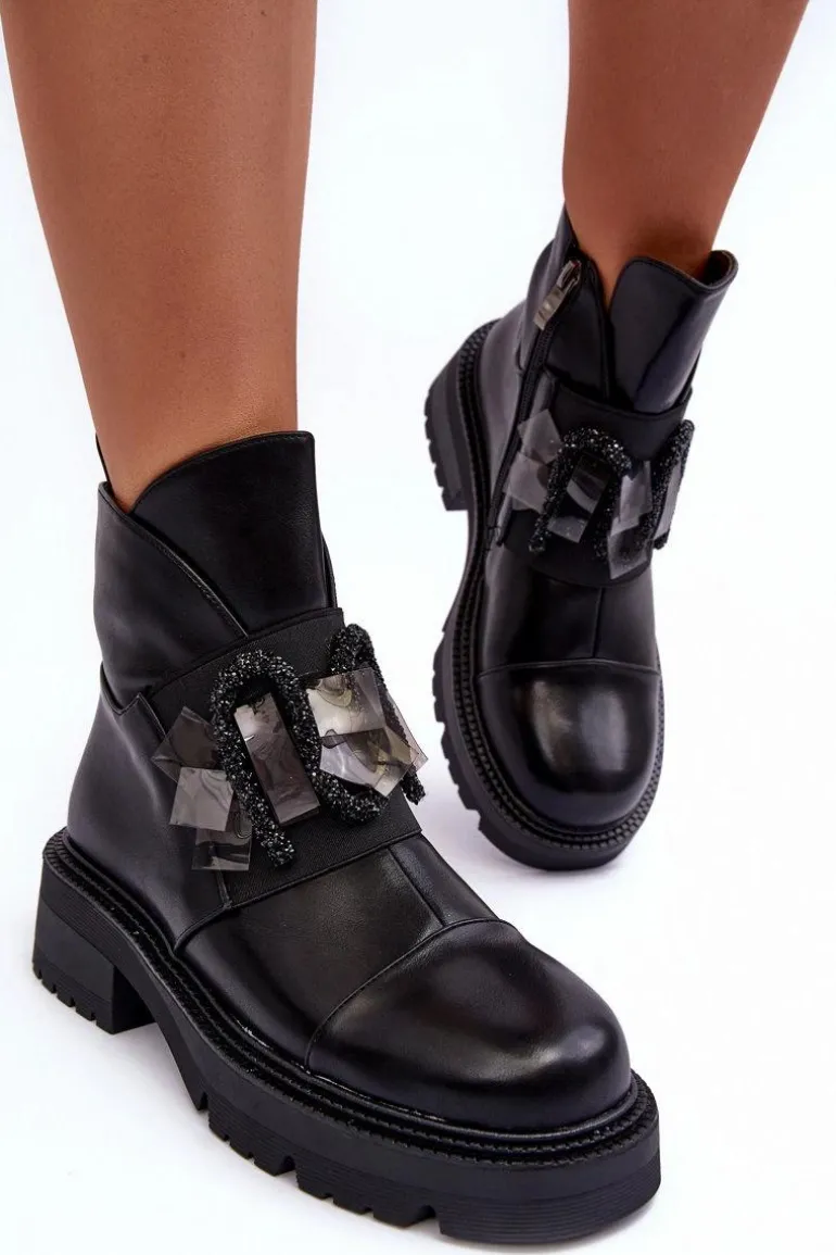 Skórzane Zdobione Botki Na Płaskim Obcasie I Platformie S.Barski MR870-46 Czarne