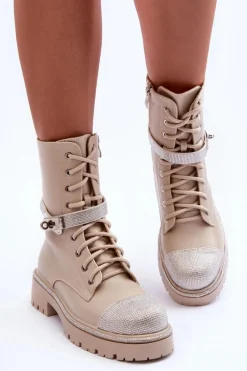 Skórzane Zdobione Botki Workery Damskie Beżowe Totah