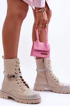 Skórzane Zdobione Botki Workery Damskie Beżowe Totah