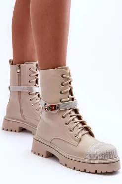 Skórzane Zdobione Botki Workery Damskie Beżowe Totah