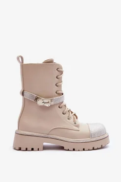 Skórzane Zdobione Botki Workery Damskie Beżowe Totah