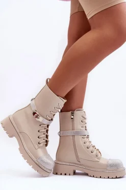 Skórzane Zdobione Botki Workery Damskie Beżowe Totah