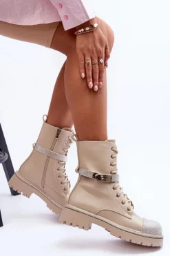 Skórzane Zdobione Botki Workery Damskie Beżowe Totah
