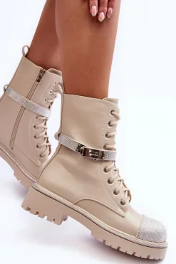 Skórzane Zdobione Botki Workery Damskie Beżowe Totah
