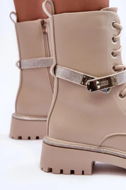 Skórzane Zdobione Botki Workery Damskie Beżowe Totah