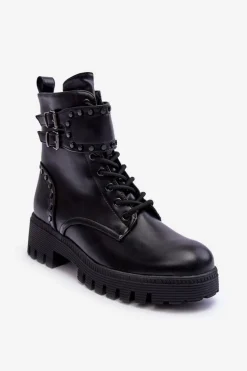 Skórzane Zdobione Botki Workery Czarne Carshena