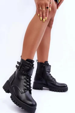 Skórzane Zdobione Botki Workery Czarne Carshena