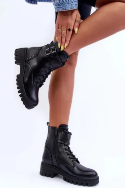 Skórzane Zdobione Botki Workery Czarne Carshena