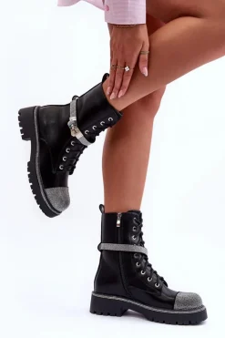 Skórzane Zdobione Botki Workery Damskie Czarne Totah