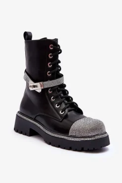 Skórzane Zdobione Botki Workery Damskie Czarne Totah