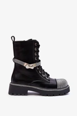 Skórzane Zdobione Botki Workery Damskie Czarne Totah