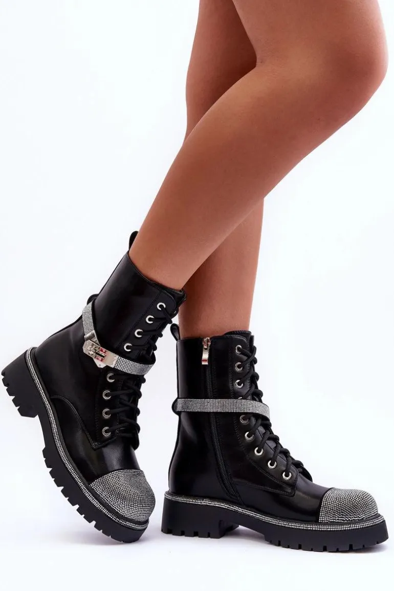 Skórzane Zdobione Botki Workery Damskie Czarne Totah