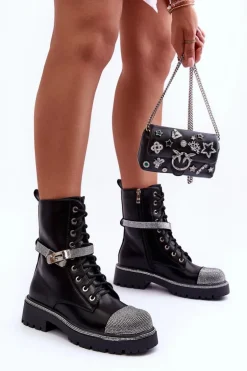 Skórzane Zdobione Botki Workery Damskie Czarne Totah