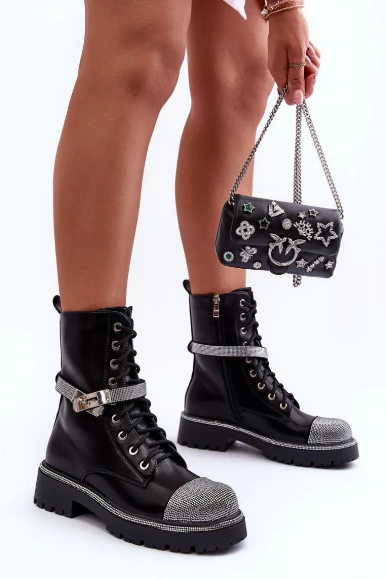 Skórzane Zdobione Botki Workery Damskie Czarne Totah