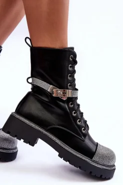 Skórzane Zdobione Botki Workery Damskie Czarne Totah