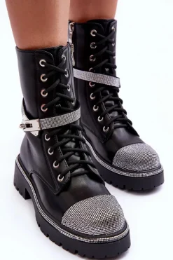 Skórzane Zdobione Botki Workery Damskie Czarne Totah