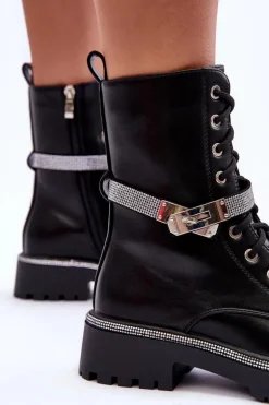 Skórzane Zdobione Botki Workery Damskie Czarne Totah