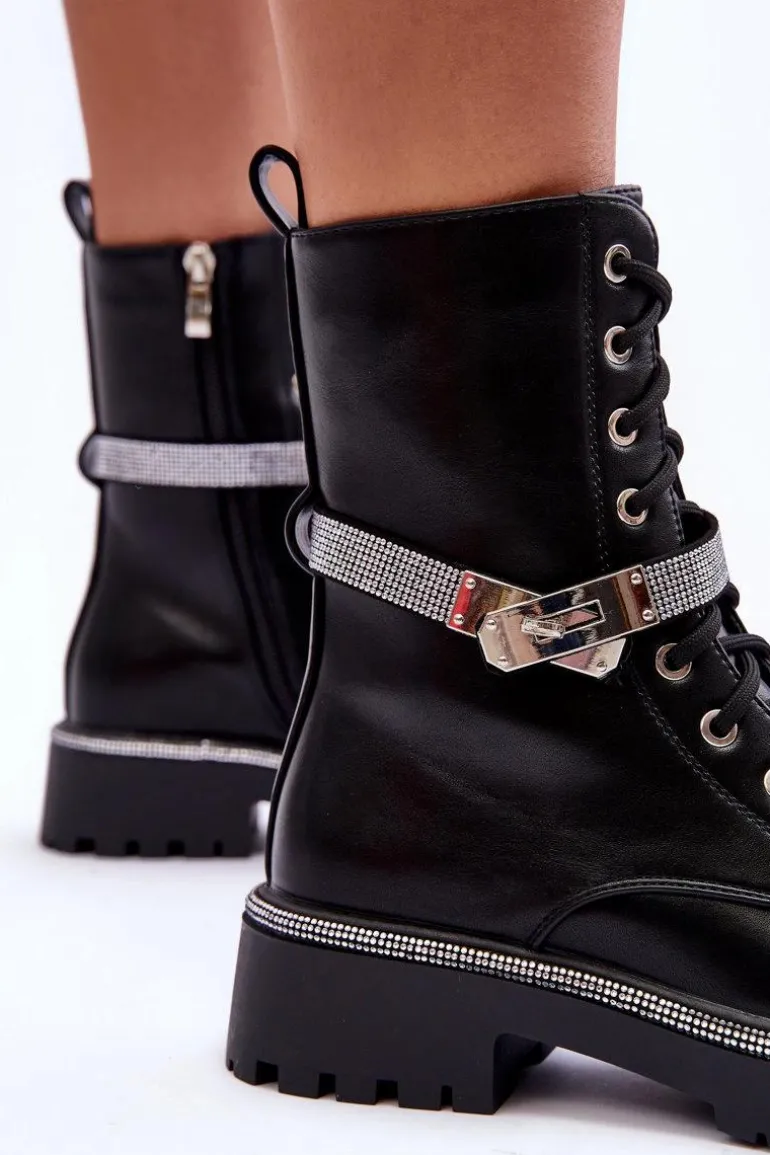 Skórzane Zdobione Botki Workery Damskie Czarne Totah