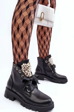 Skórzane Zdobione Niskie Botki Na Płaskim Obcasie Czarne Binga