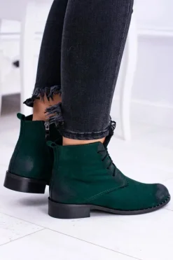Skórzane Zielone Damskie Botki Z Koronką Millano