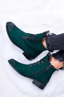 Skórzane Zielone Damskie Botki Z Koronką Millano