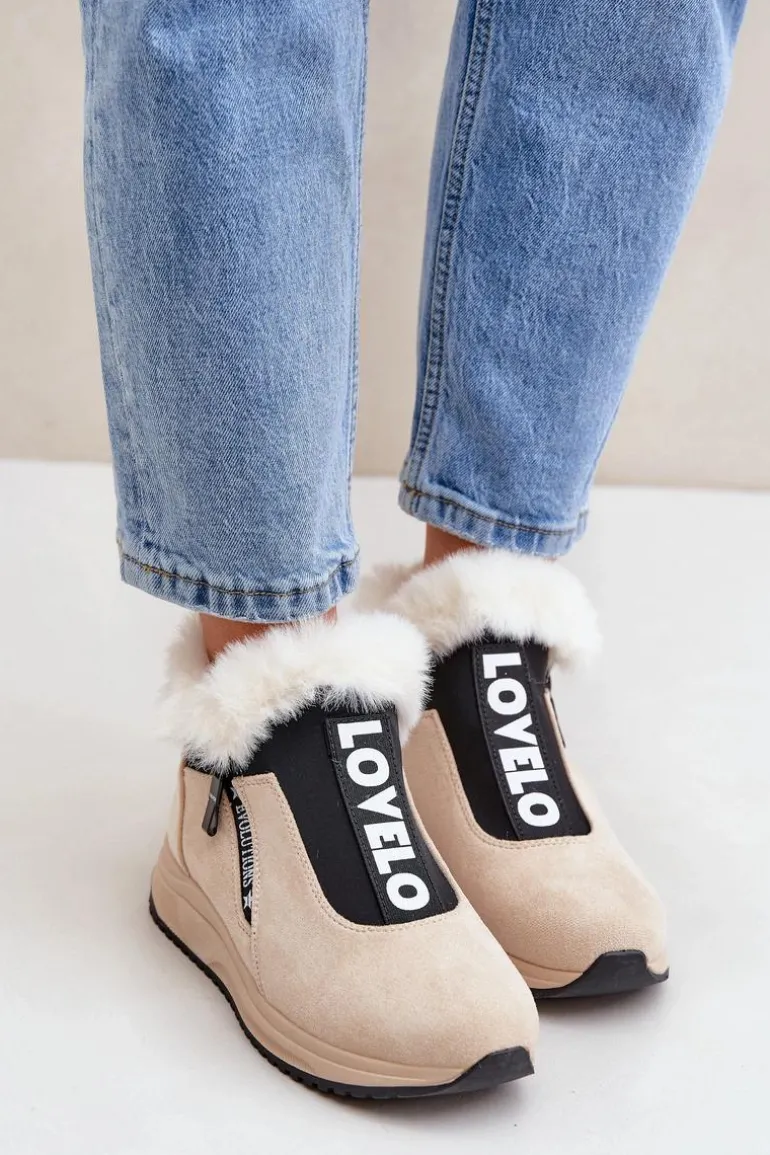 Sneakersy Botki Damskie Z Futerkiem Beżowe Zeriana