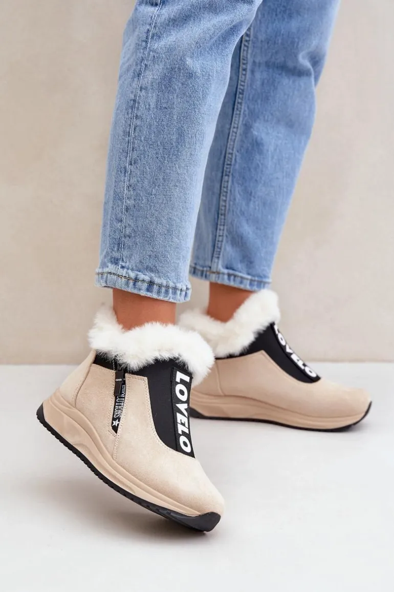 Sneakersy Botki Damskie Z Futerkiem Beżowe Zeriana