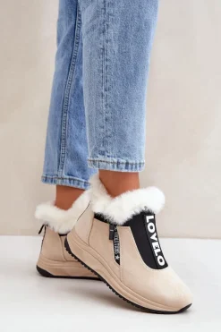 Sneakersy Botki Damskie Z Futerkiem Beżowe Zeriana