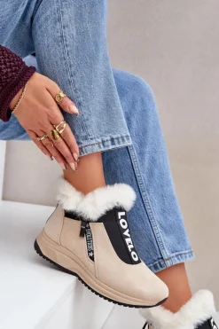 Sneakersy Botki Damskie Z Futerkiem Beżowe Zeriana