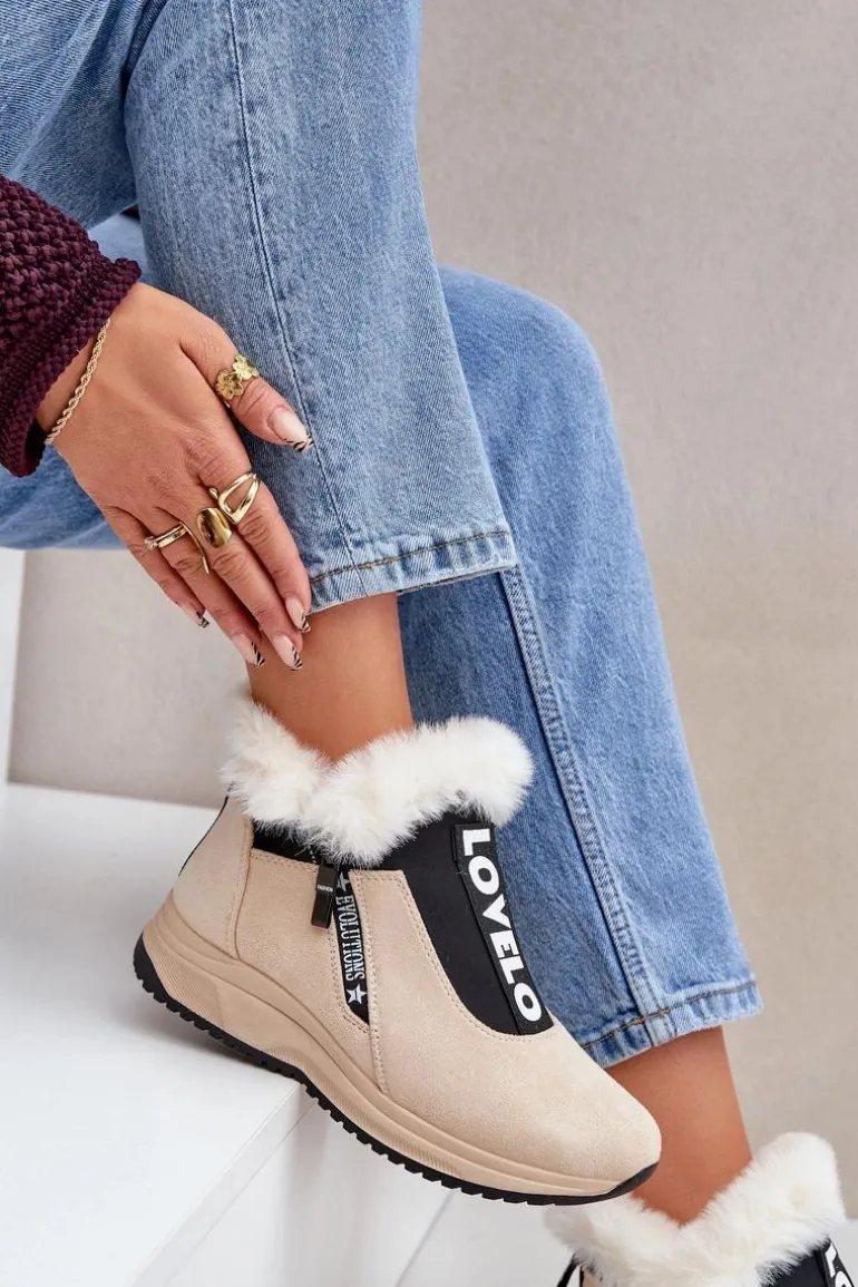 Sneakersy Botki Damskie Z Futerkiem Beżowe Zeriana