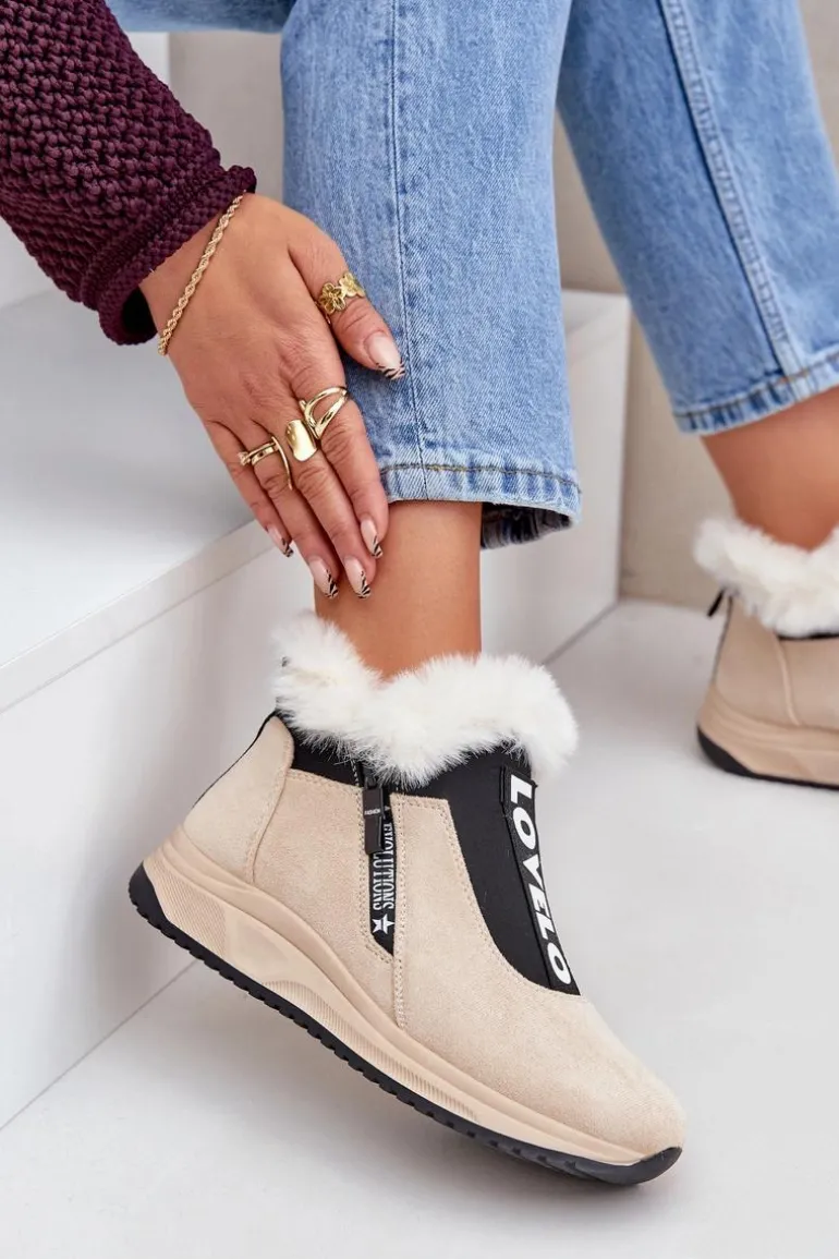 Sneakersy Botki Damskie Z Futerkiem Beżowe Zeriana