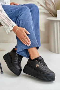 Sneakersy Buty Sportowe Damskie Ocieplane Na Masywnej Podeszwie Czarne Verissha