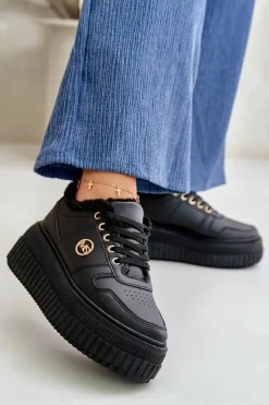 Sneakersy Buty Sportowe Damskie Ocieplane Na Masywnej Podeszwie Czarne Verissha