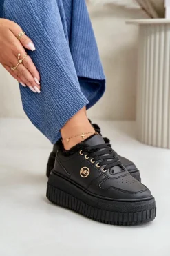 Sneakersy Buty Sportowe Damskie Ocieplane Na Masywnej Podeszwie Czarne Verissha