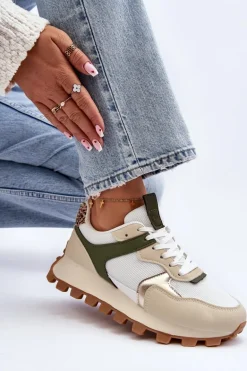 Sneakersy Buty Sportowe Damskie Beżowo-Zielone Ralita