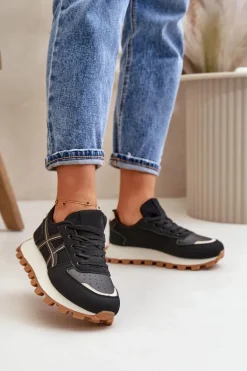 Sneakersy Buty Sportowe Damskie Sznurowane Na Platformie Czarne Mialunae