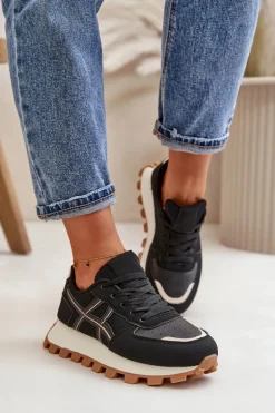 Sneakersy Buty Sportowe Damskie Sznurowane Na Platformie Czarne Mialunae