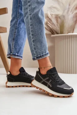 Sneakersy Buty Sportowe Damskie Sznurowane Na Platformie Czarne Mialunae