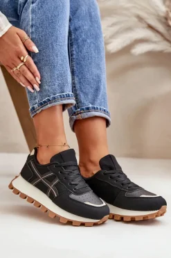 Sneakersy Buty Sportowe Damskie Sznurowane Na Platformie Czarne Mialunae