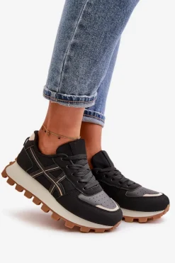 Sneakersy Buty Sportowe Damskie Sznurowane Na Platformie Czarne Mialunae