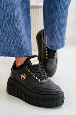 Sneakersy Buty Sportowe Damskie Ocieplane Na Masywnej Podeszwie Czarne Ardiela