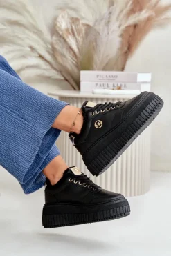 Sneakersy Buty Sportowe Damskie Ocieplane Na Masywnej Podeszwie Czarne Ardiela