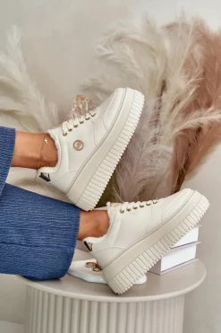 Sneakersy Buty Sportowe Damskie Ocieplane Na Masywnej Podeszwie Beżowe Ardiela