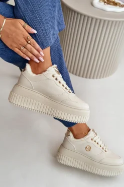 Sneakersy Buty Sportowe Damskie Ocieplane Na Masywnej Podeszwie Beżowe Ardiela