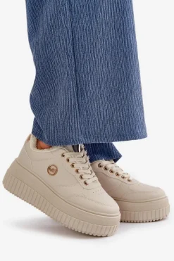 Sneakersy Buty Sportowe Damskie Ocieplane Na Masywnej Podeszwie Beżowe Ardiela