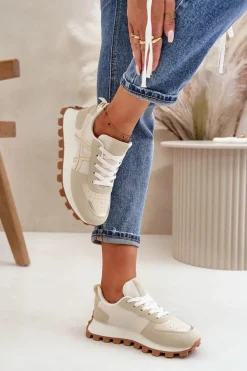 Sneakersy Buty Sportowe Damskie Sznurowane Na Platformie Beżowe Mialunae