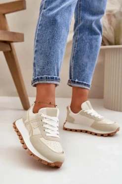 Sneakersy Buty Sportowe Damskie Sznurowane Na Platformie Beżowe Mialunae